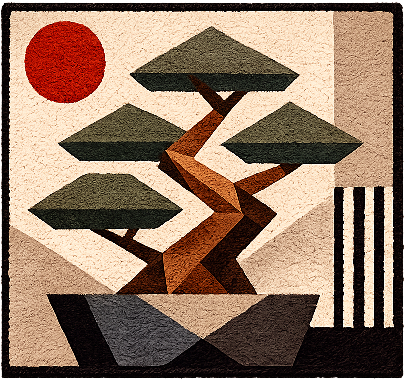 Cubist geometric bonsai: stacked sage-green canopies on a faceted terracotta trunk in a low charcoal pot, beneath a red sun